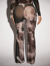 SXY Figure Graphic Lettuce Trim Sheer Mesh Flare Leg Pants Without Panty